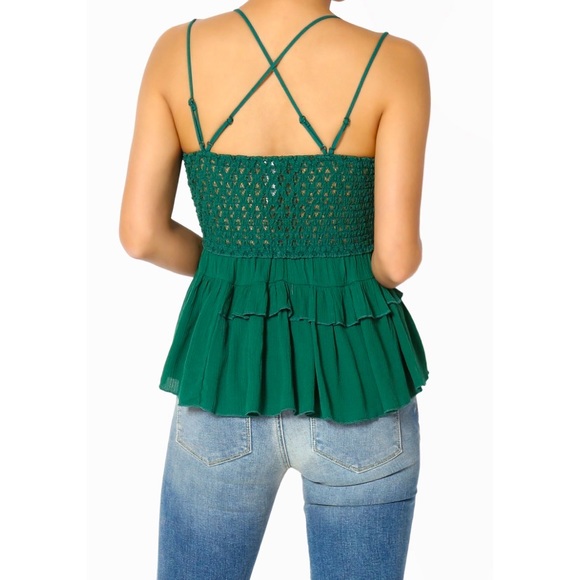 Hunter Green Lace Smocked Peplum Top - Picture 2 of 4